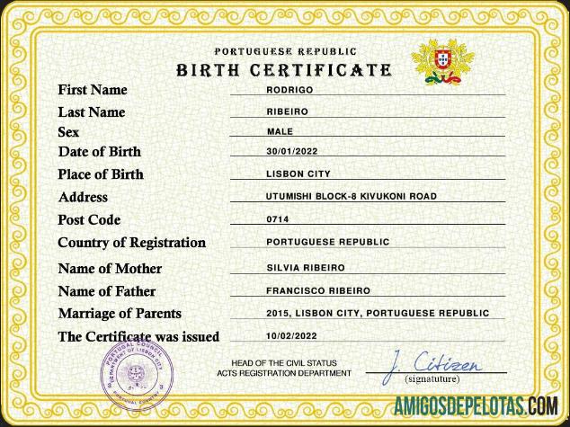 Realista modelo PSD de certidão de nascimento de registro vital de Portugal